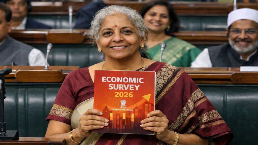Finance Minister Nirmala Sitharaman presenting Economic Survey 2026 in Parliament.