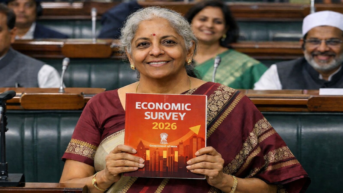 Finance Minister Nirmala Sitharaman presenting Economic Survey 2026 in Parliament.