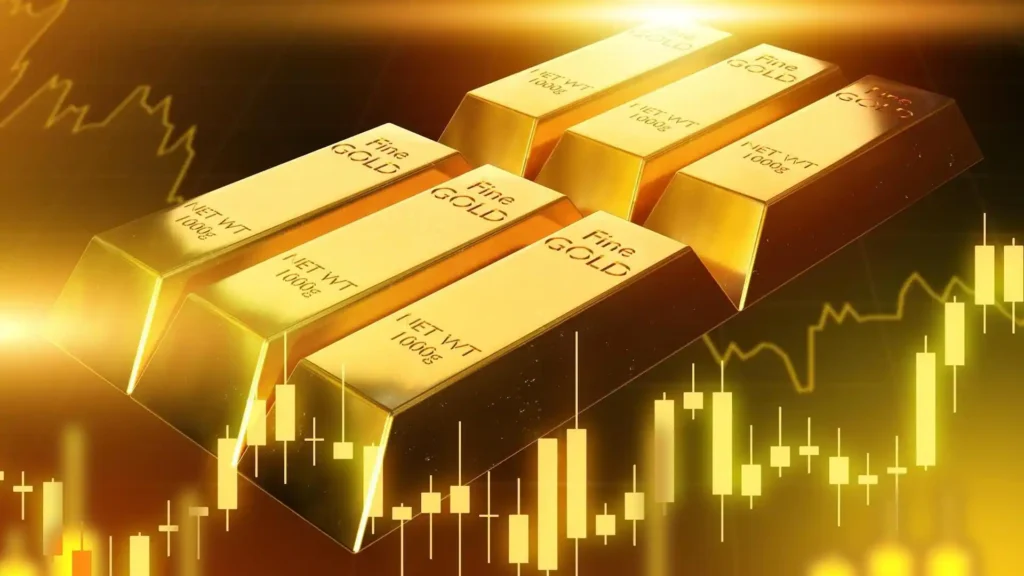 Multiple shiny 1000g fine gold bars stacked on a dark background with a glowing financial candlestick chart.