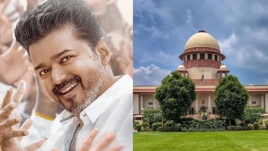 Collage showing Thalapathy Vijay's Jana Nayagan poster alongside the Madras High Court building.
