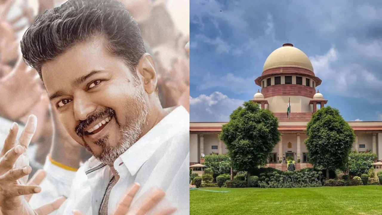 Collage showing Thalapathy Vijay's Jana Nayagan poster alongside the Madras High Court building.