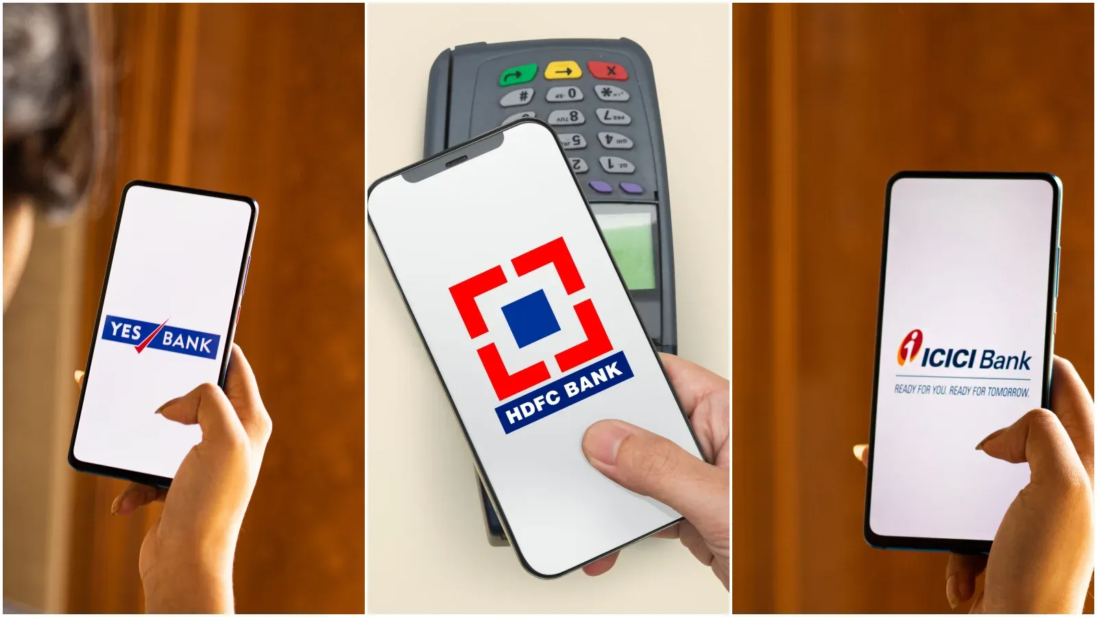Person holding smartphones showing HDFC ICICI and Yes Bank logos near a POS terminal.