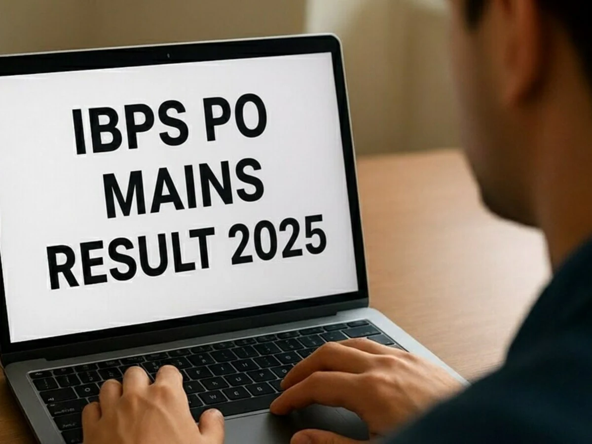 Candidate checking IBPS PO Final Result 2025 on a laptop with the official recruitment portal visible.