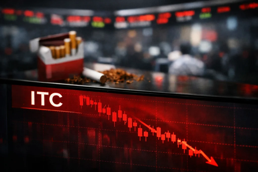 ITC stock market chart showing a sharp red downward trend with cigarettes in the background.