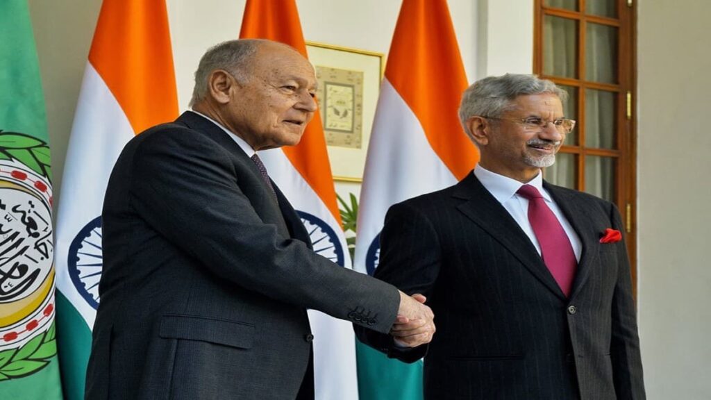 External Affairs Minister S Jaishankar shaking hands with an Arab League representative in New Delhi.