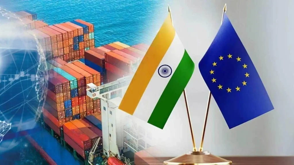 Prime Minister Narendra Modi shaking hands with EU leaders at the historic India-EU trade agreement ceremony