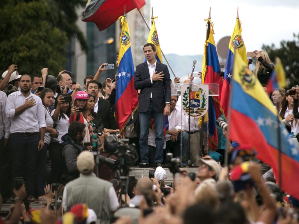 Venezuelan opposition leader addresses supporters during protest amid US Venezuela political tension