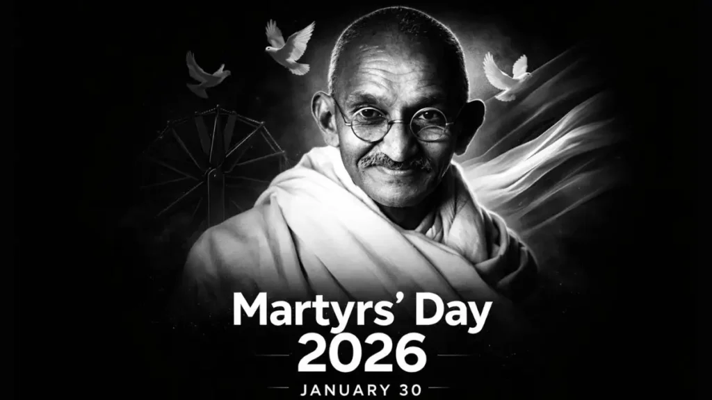 Artistic portrait of Mahatma Gandhi with Indian flag background for Martyrs' Day 2026.