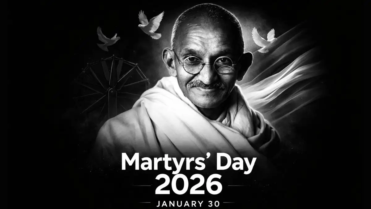 Artistic portrait of Mahatma Gandhi with Indian flag background for Martyrs' Day 2026.