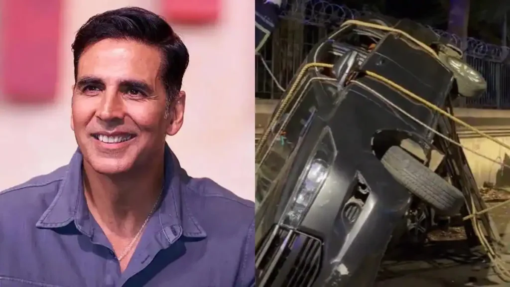 Collapsed car involved in Akshay Kumar's convoy accident in Mumbai beside a portrait of the actor.