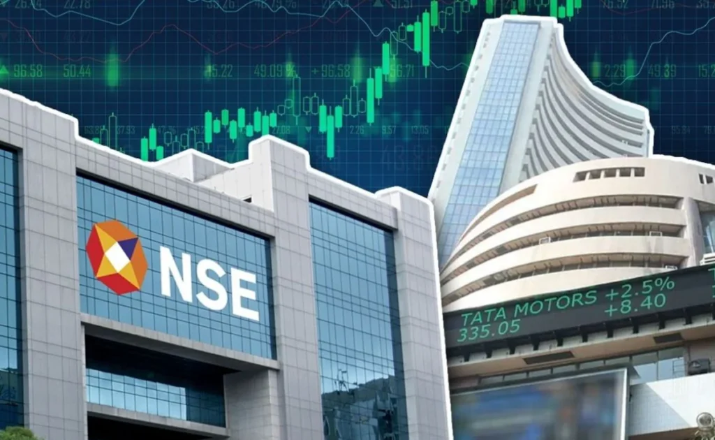 NSE and BSE headquarters buildings composite image with green stock market charts and Tata Motors ticker in foreground.