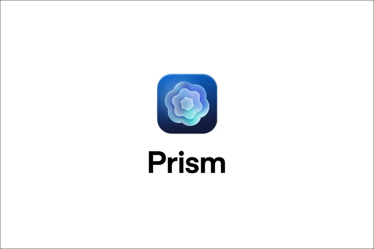 Official logo of OpenAI Prism on a light blue background with prism-like light reflections
