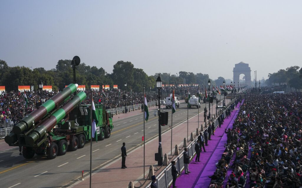 Indian Army missile system and military contingent during Republic Day parade at Kartavya Path India Gate.