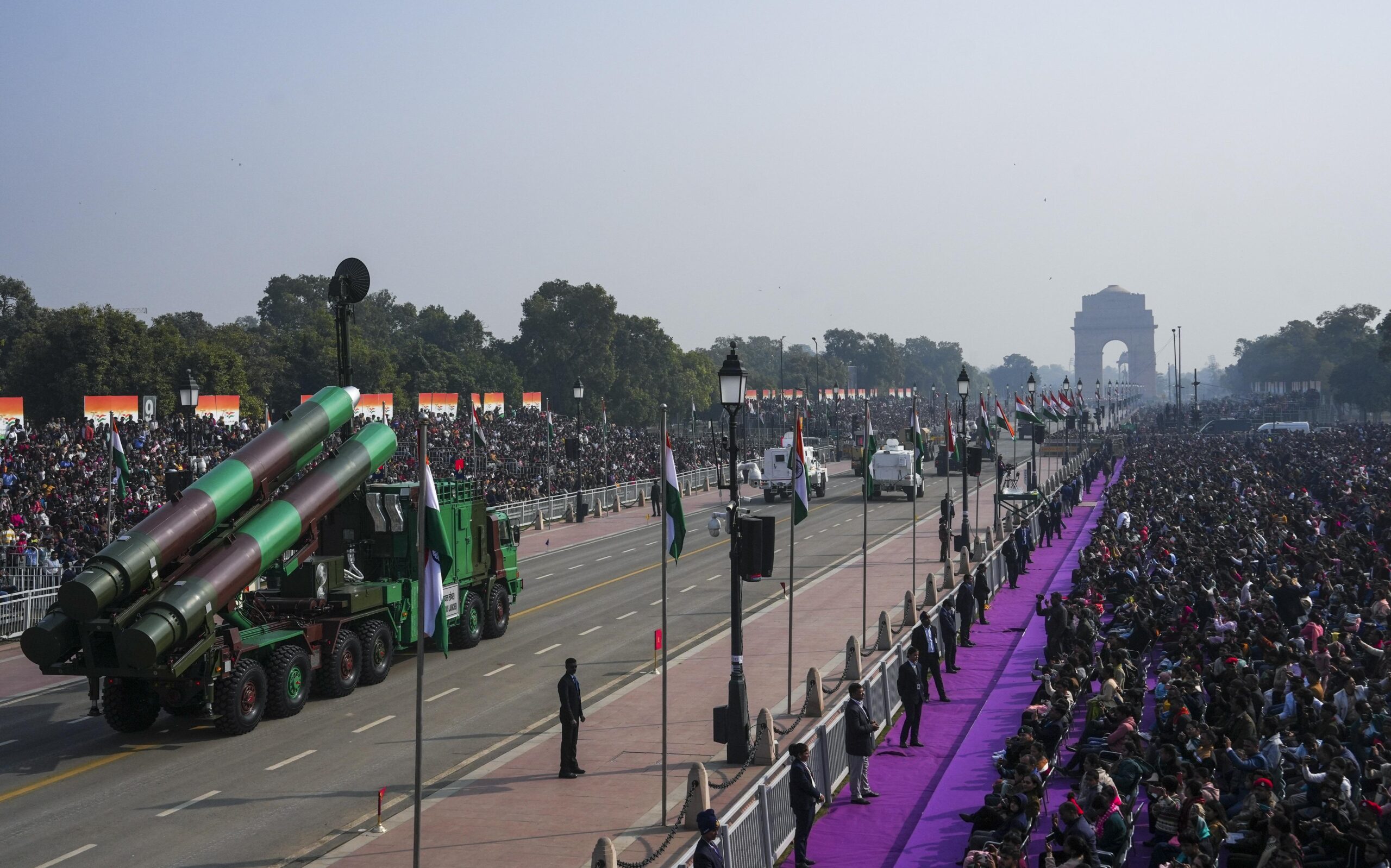 Indian Army missile system and military contingent during Republic Day parade at Kartavya Path India Gate.