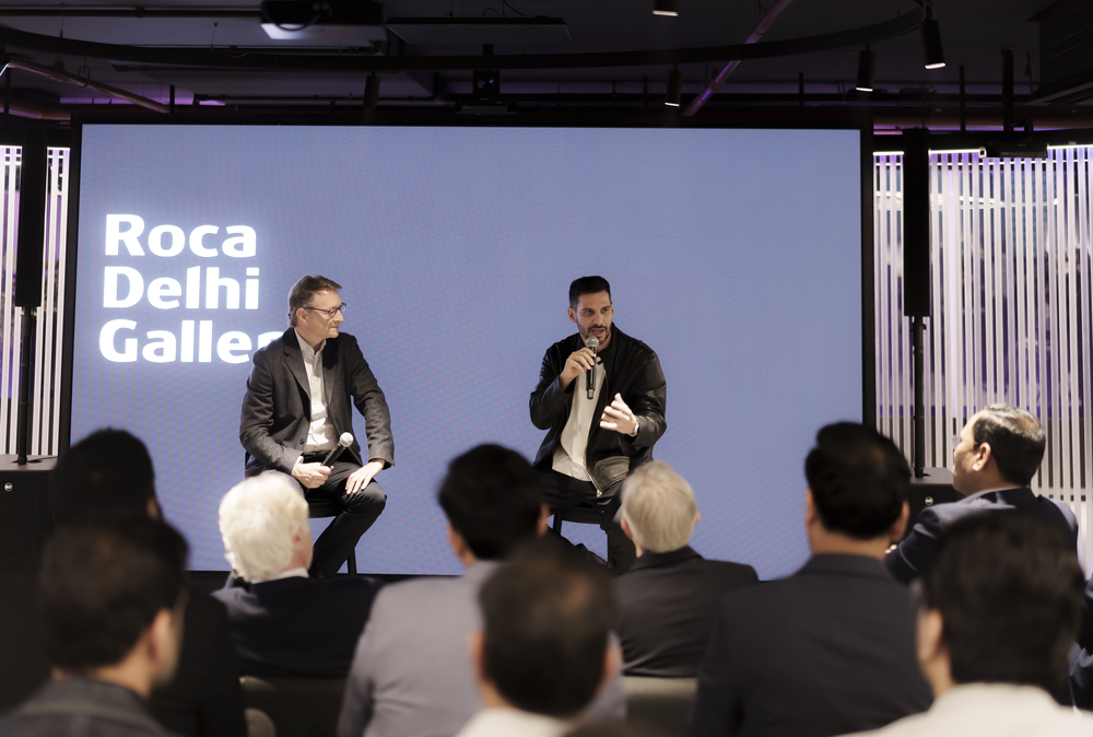 Roca Group executives speaking at the launch event of Roca Delhi Gallery in India