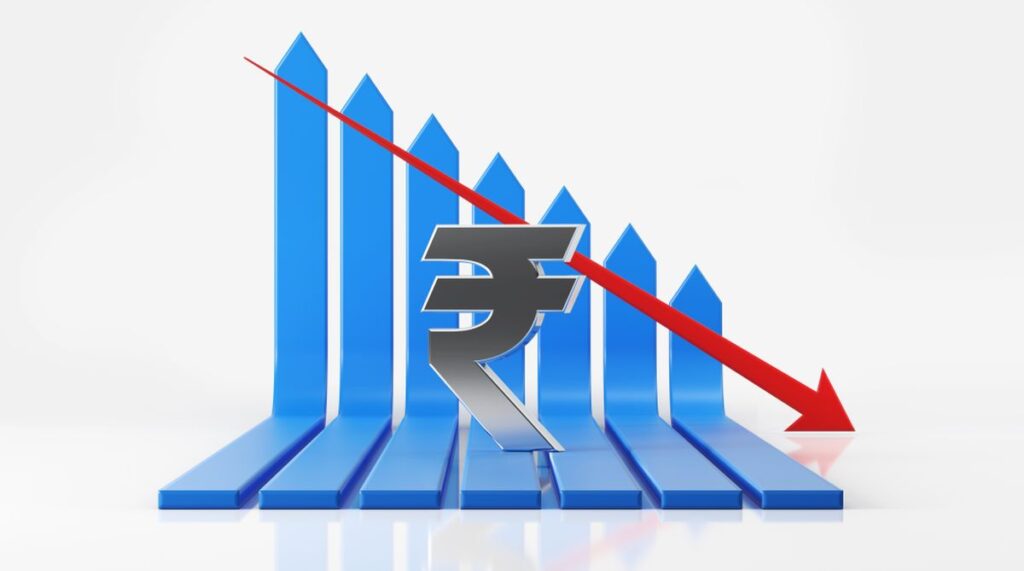 Illustration showing Indian Rupee symbol falling against a backdrop of US dollar bills and declining charts.