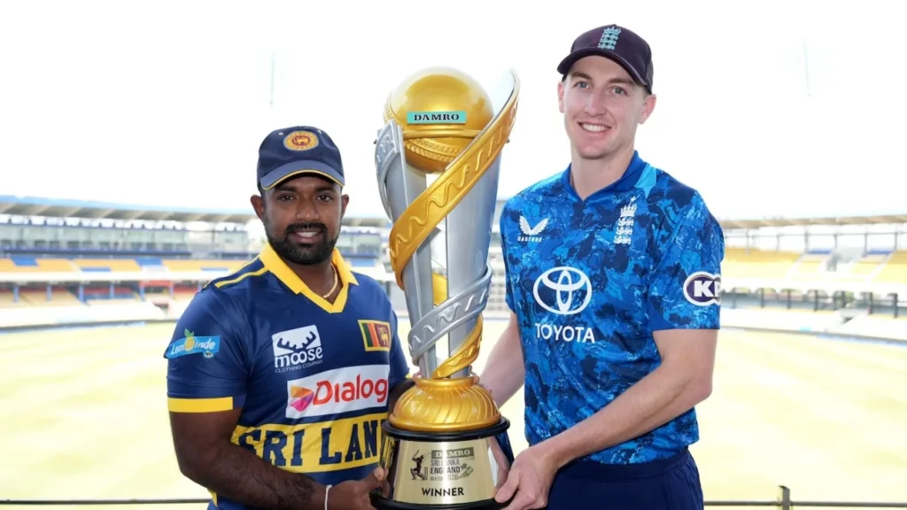 Sri Lanka captain Charit Asalanka and England captain Harry Brook with the trophy in Colombo.