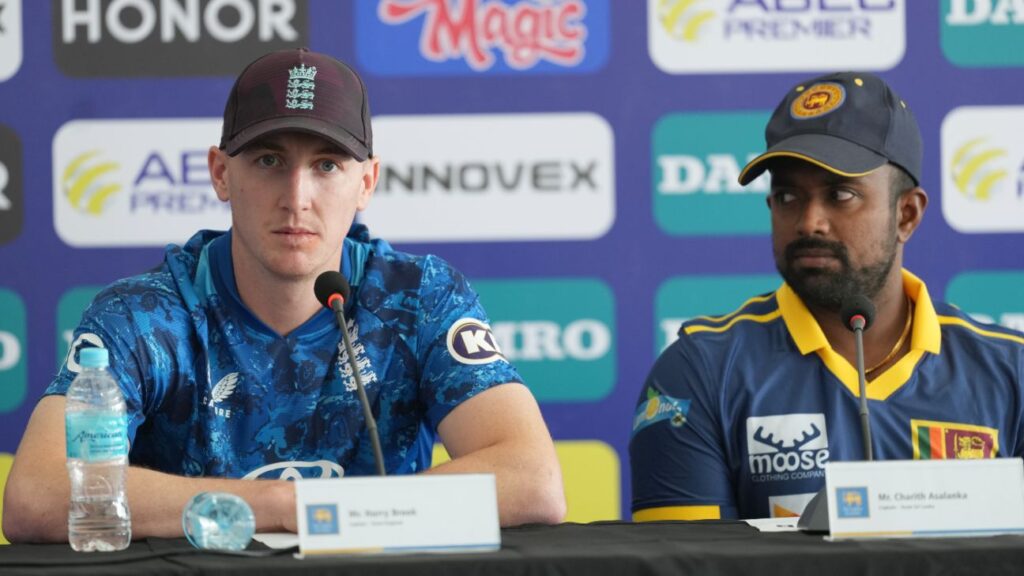 Harry Brook and Charith Asalanka sitting together at a press conference during the SL vs ENG series.