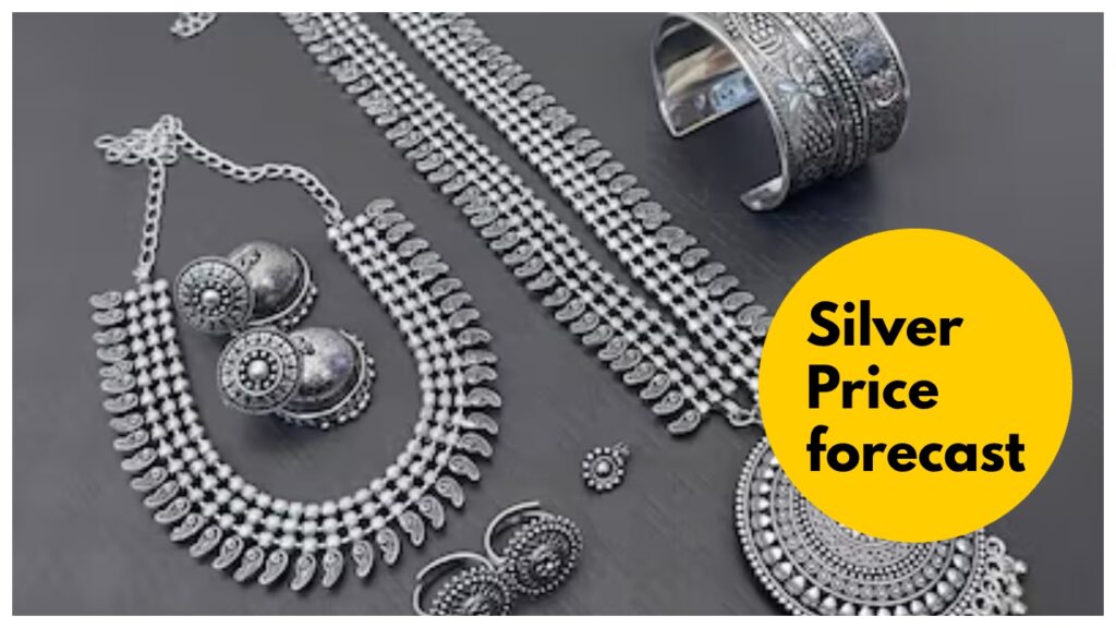 Traditional silver jewelry on a grey background with a 'Silver Price forecast' text overlay.