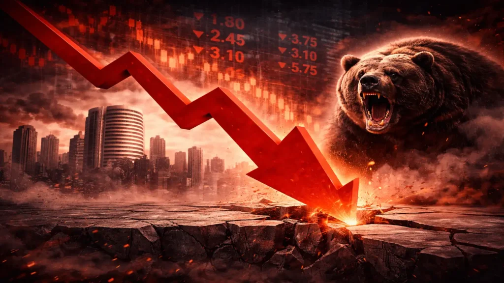 Digital illustration of a brown bear roaring next to a crashing red stock market arrow and city skyline