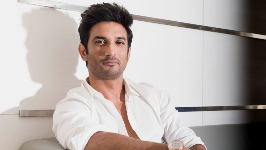 Sushant Singh Rajput smiling in a white shirt and a collage of his famous movie characters.