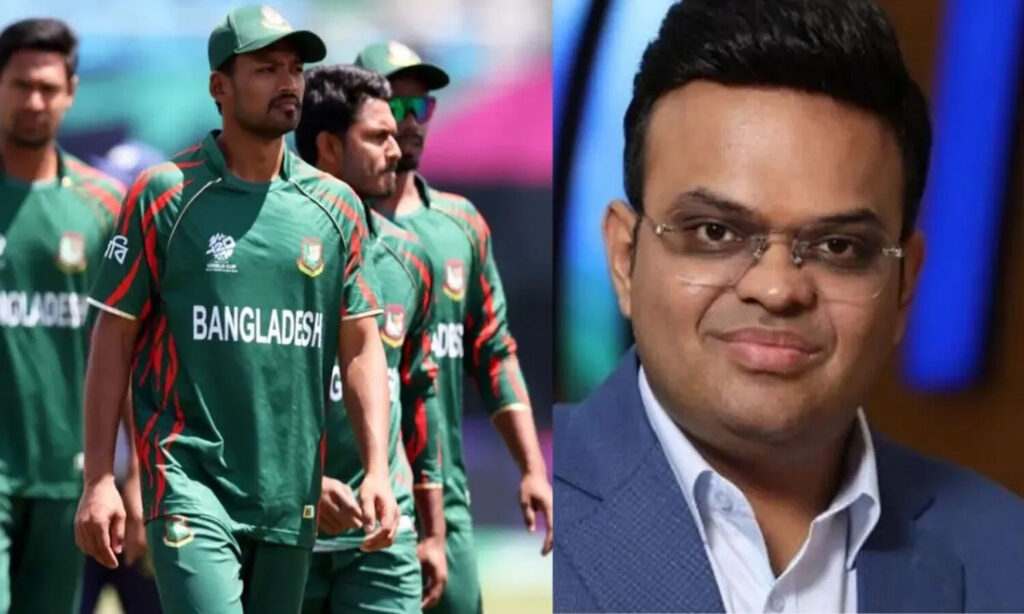 ICC Men's T20 World Cup trophy and Bangladesh cricket team celebrating on field.