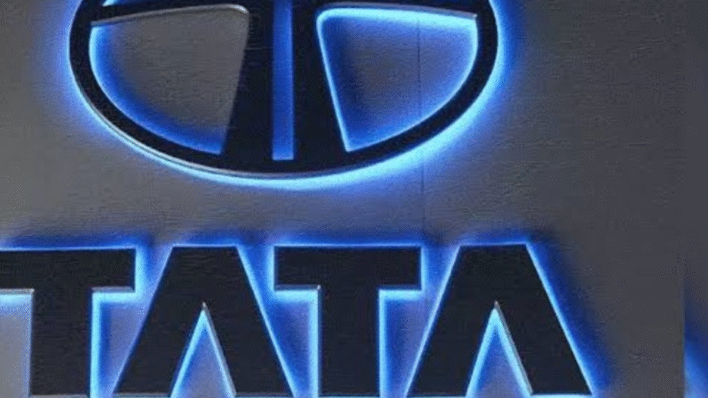 Illuminated Tata Group signage representing retail arm Trent Ltd amid share price decline