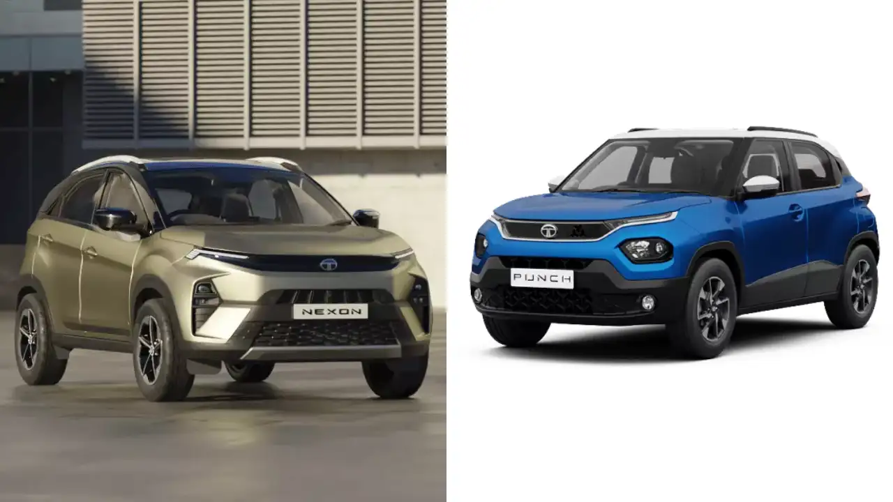 Comparison of Tata Nexon facelift in beige and blue Tata Punch highlighting design differences.