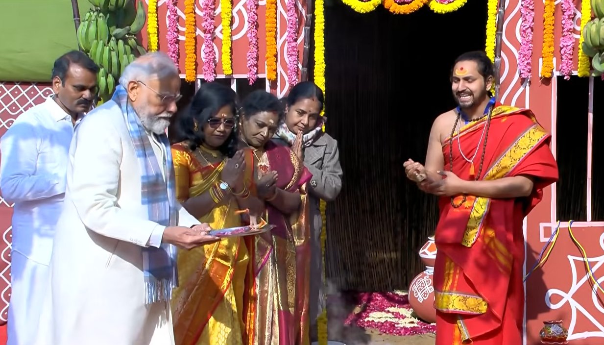Prime Minister Narendra Modi attending Pongal 2026 celebrations at Union Minister L Murugan residence in Delhi.