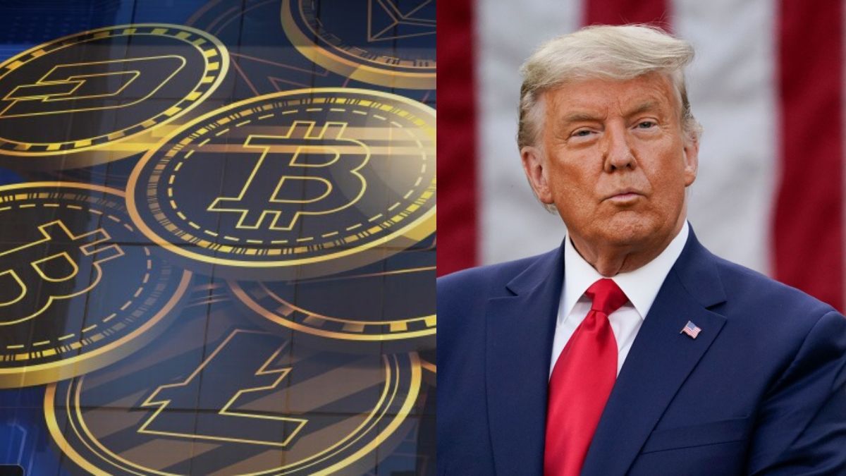 Donald Trump portrait next to gold Bitcoin coins representing market impact.
