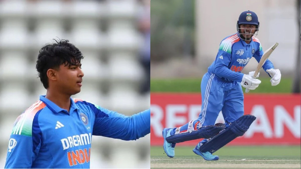 Split image showing Vaibhav Suryavanshi close-up profile and action shot batting in India U19 blue jersey.