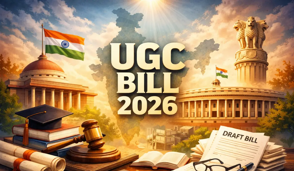 Protesters holding UGC Bill 2026 signs in front of Indian Parliament and Constitution book