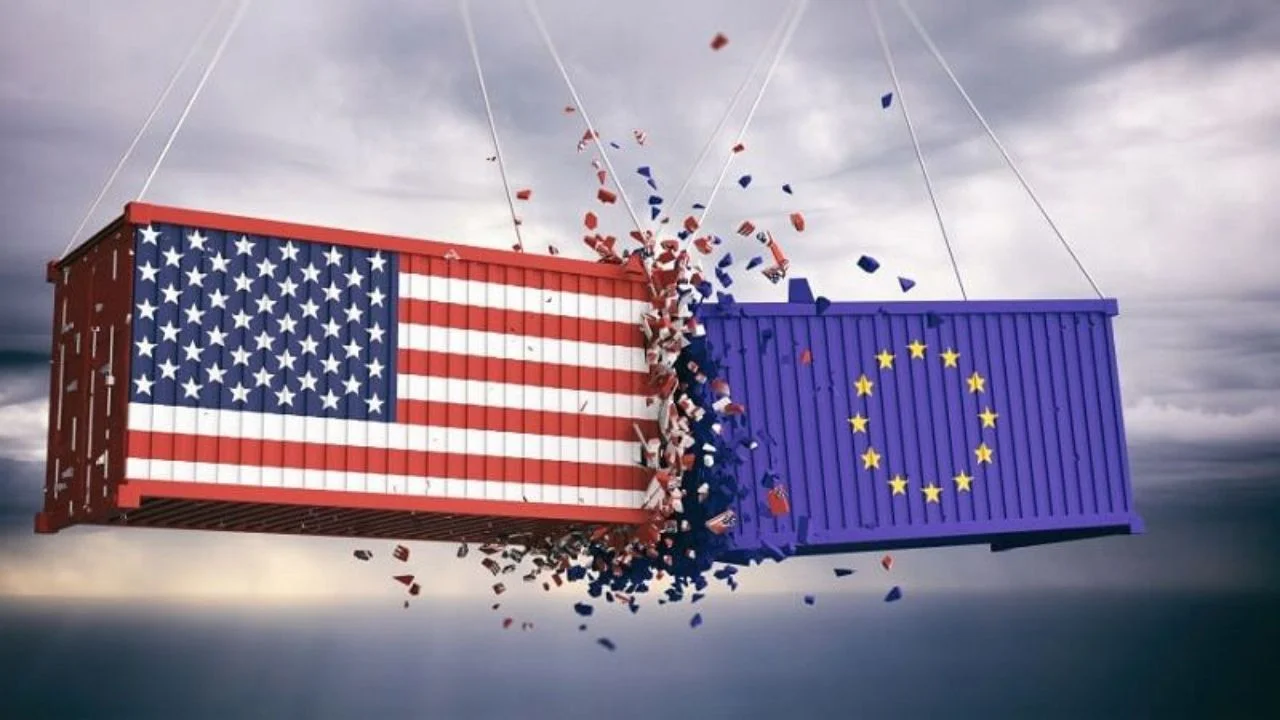 Conceptual illustration showing shipping containers with USA and EU flags colliding, symbolizing a trade war