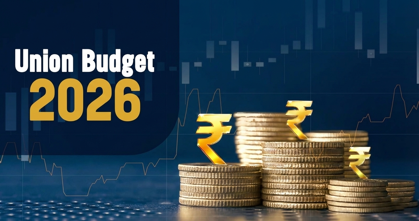 Finance Minister Nirmala Sitharaman with Union Budget 2026 briefcase and currency stacks.