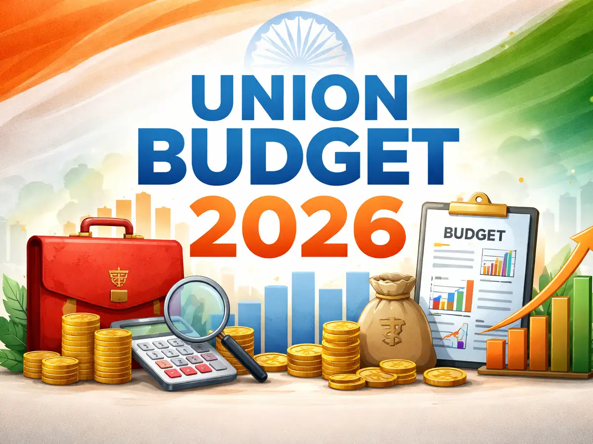 Illustration of Union Budget 2026 with Indian flag, briefcase, and financial growth charts.