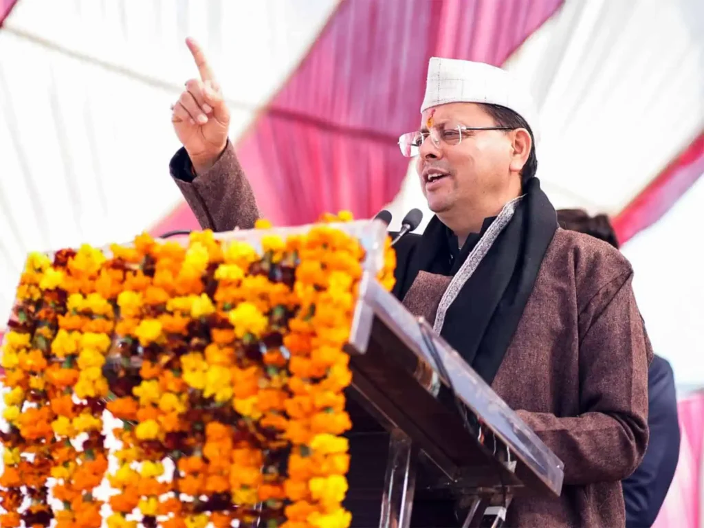 Uttarakhand Chief Minister Pushkar Singh Dhami addressing people during Lohri greetings event