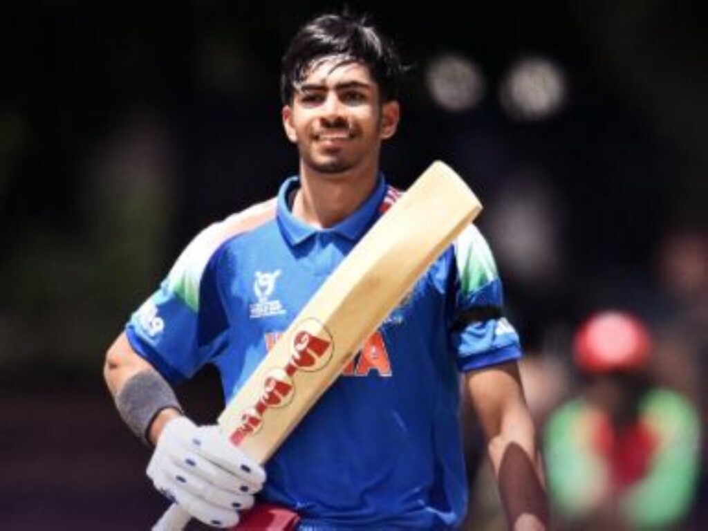 Vihan Malhotra celebrating his century during India vs Zimbabwe U19 World Cup match.
