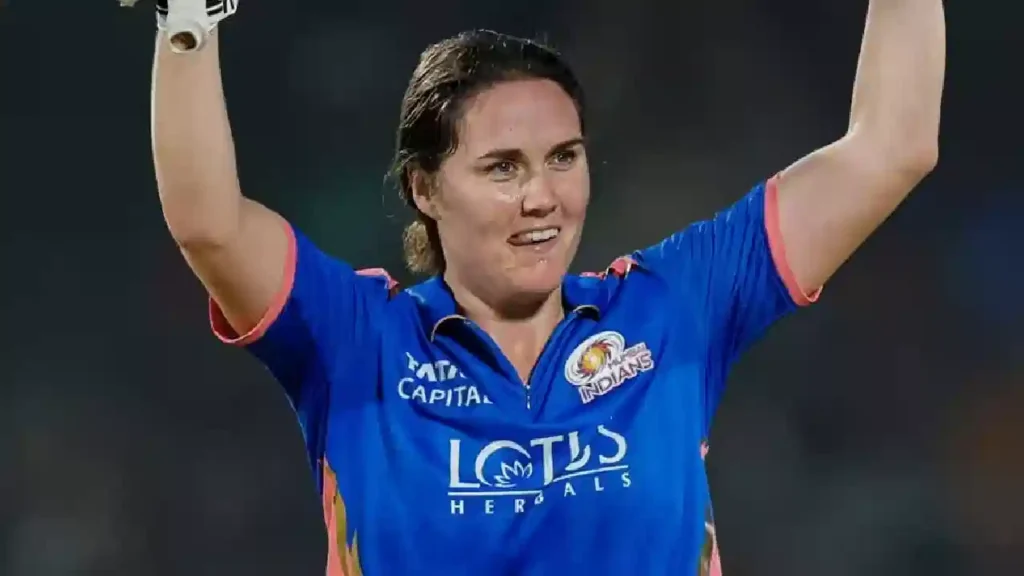 Nat Sciver-Brunt celebrating her historic century for Mumbai Indians against RCB in WPL 2026