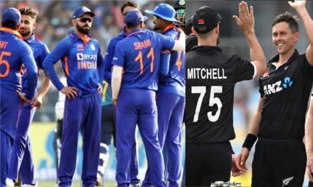 Indian and New Zealand cricket teams during ODI match action