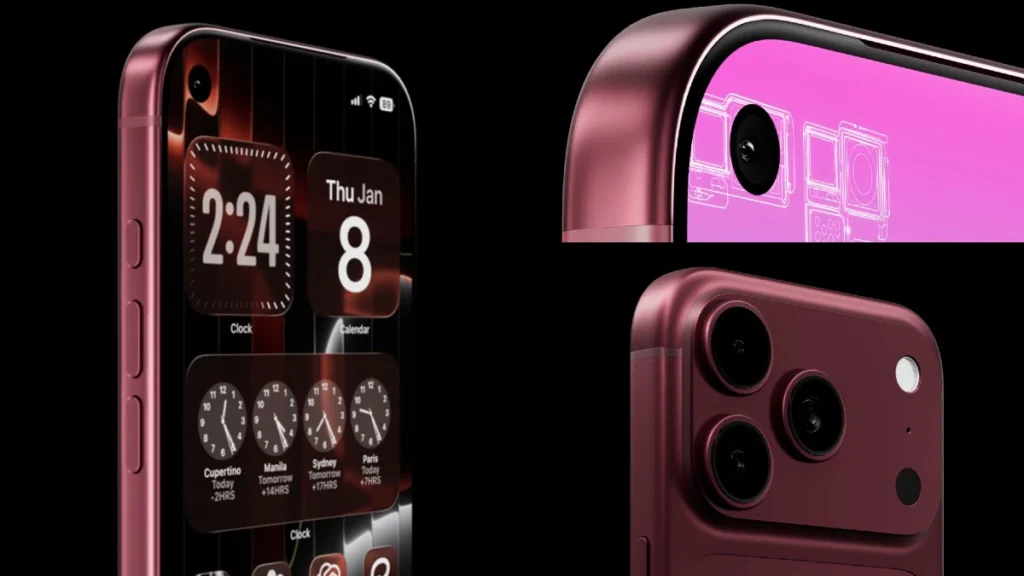 Render of iPhone 18 Pro in deep burgundy color showing a punch-hole display and quad-camera layout.
