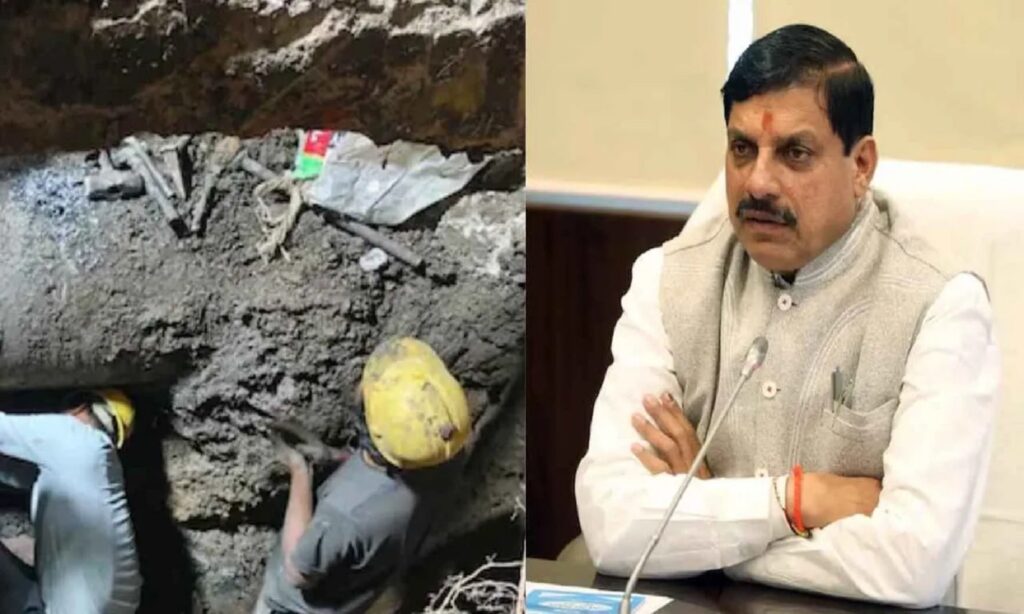 Workers inspecting contaminated water pipeline site with Madhya Pradesh CM in official meeting frame