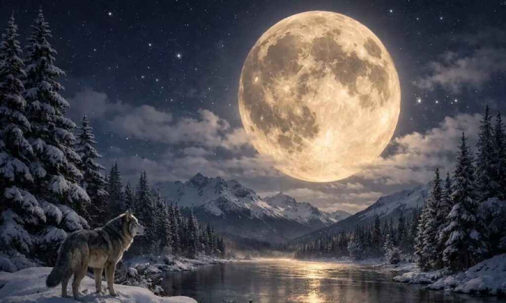 Super moon over snowy landscape with bright full moon visible in night sky