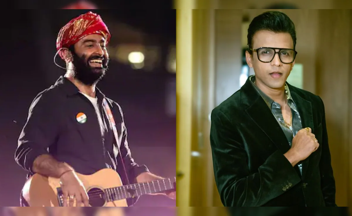 Split image of Arijit Singh performing with a guitar and Abhijeet Sawant posing in a green velvet blazer.