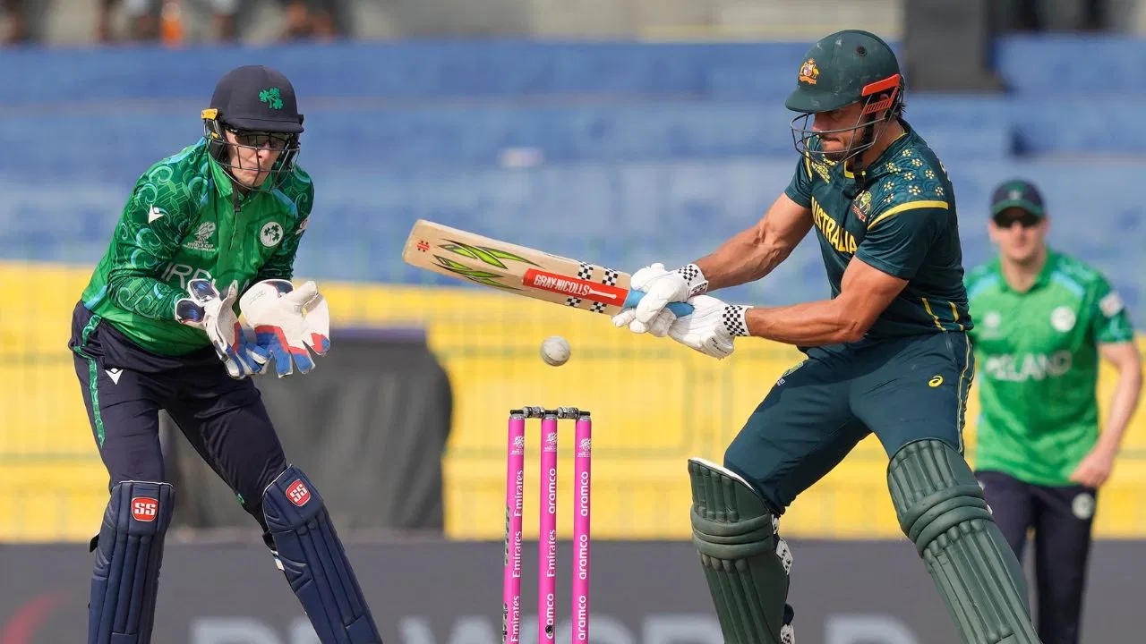 Australian batsman Marcus Stoinis playing a sweep shot against Ireland in T20 World Cup 2026.