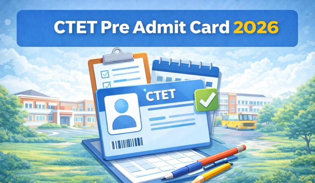 Digital illustration of CTET Admit Card 2026 showing exam schedule and download interface on a monitor.