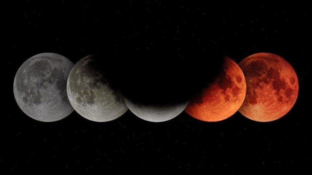 Red total lunar eclipse representing Chandra Grahan 2026 visible in India