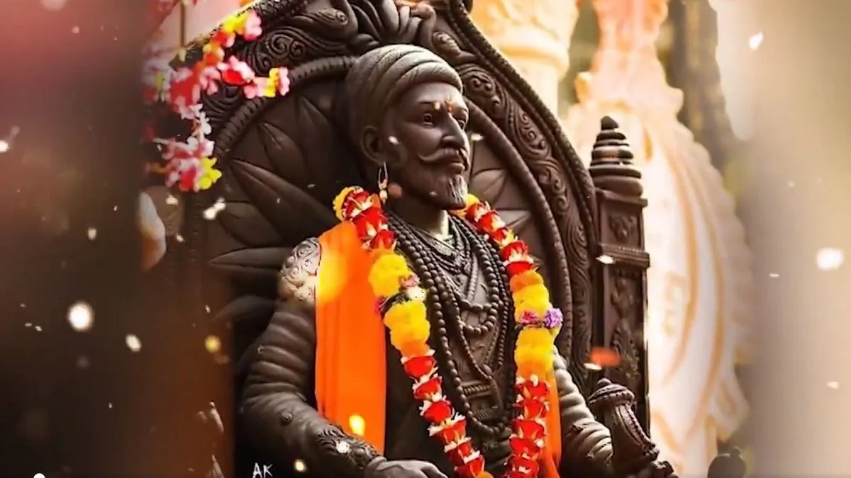 Chhatrapati Shivaji Maharaj statue decorated with flowers on Shiva Jayanti 2026 in Maharashtra.