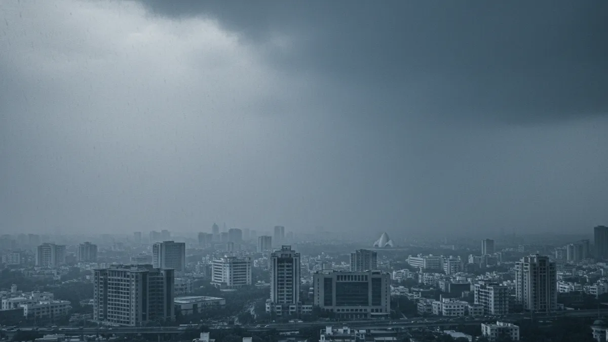 Cloudy skyline over central Delhi as rain and strong winds approach