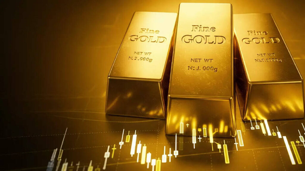 Gold bars and silver bullion displayed over a financial candlestick chart representing market surge.
