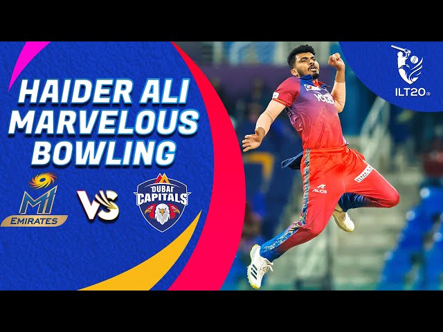 Haider Ali of Dubai Capitals celebrates a wicket during an ILT20 powerplay over.